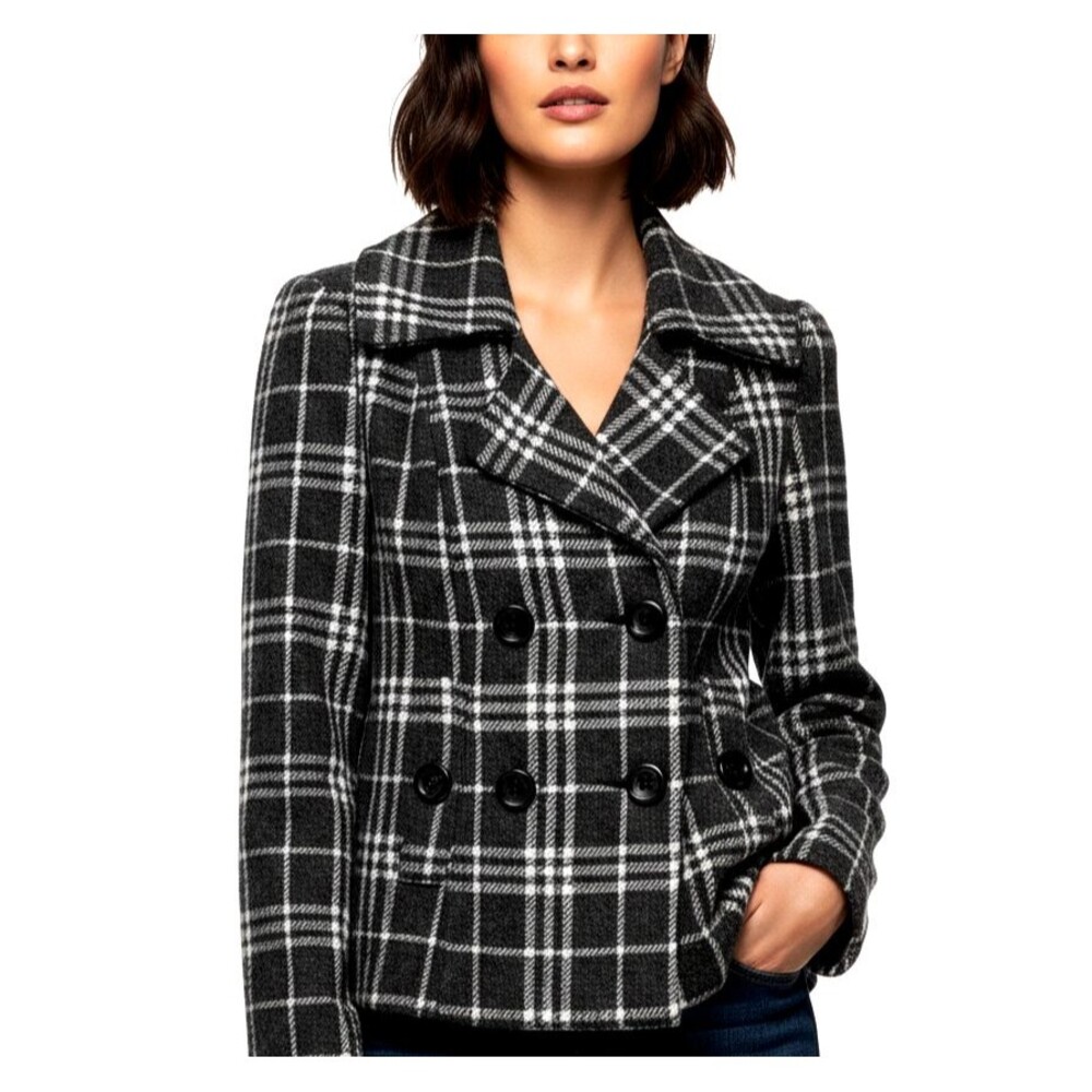 Susie Rose L Dark Academia Plaid Peacoat Cropped Double Breasted Quiet Luxury